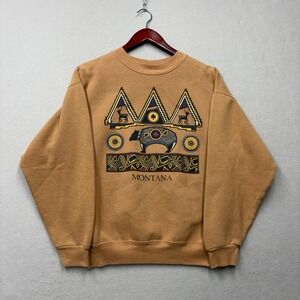E.M.I. Sweatshirt Mens Medium Tan Montana Vintage 90s Bear Graphic Made in USA